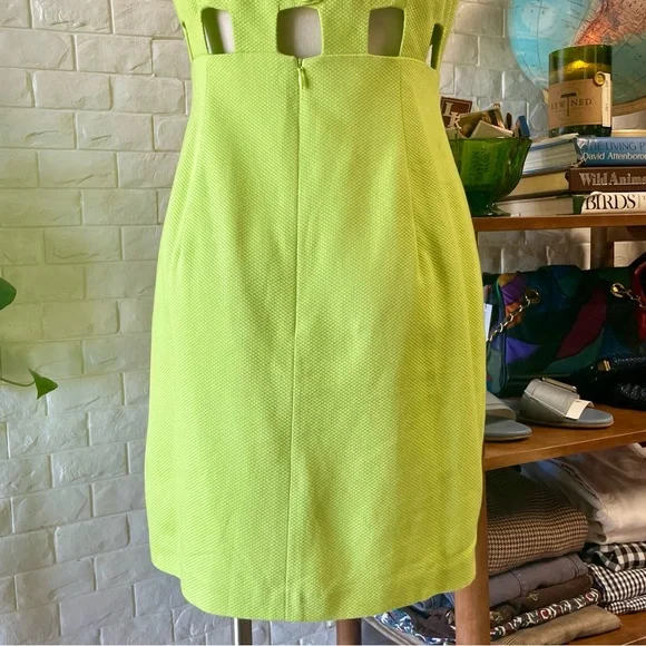 Vintage 1997 Laundry By Shelli Segal Neon Green 70s Style Cut-Out Mini Dress
